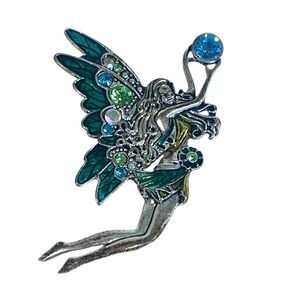 Vintage Fairy Brooch Pin with Green and Blue Rhinestone Accents Silver Tone